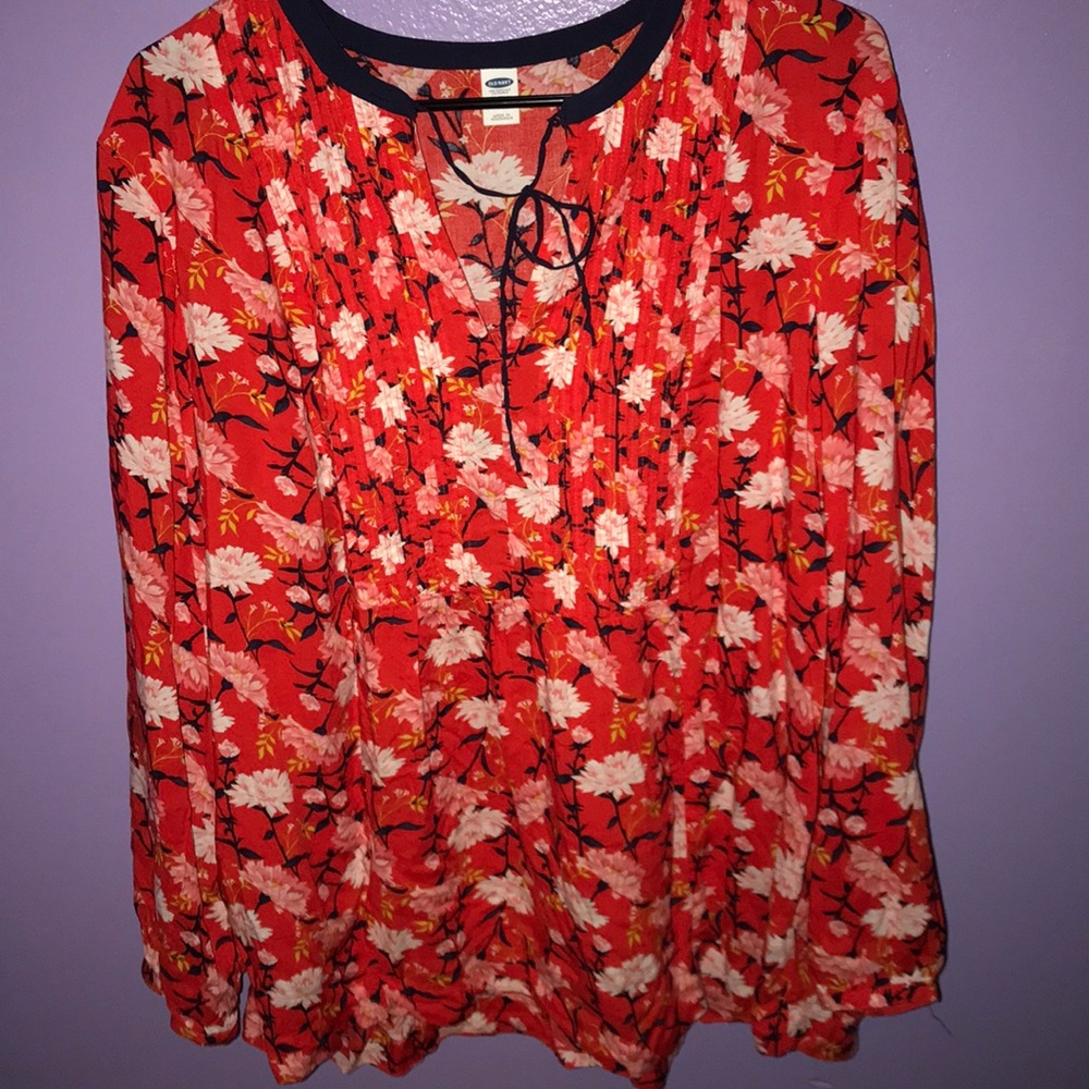 Red, floral print blouse